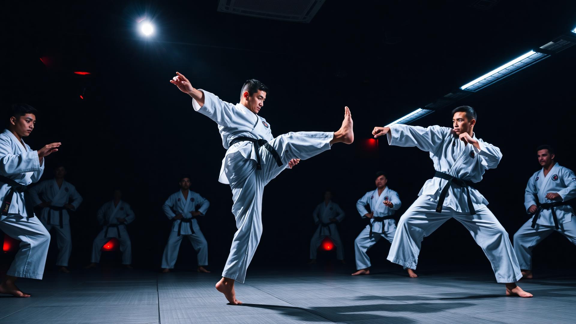 Karate athletes training under dojo lights